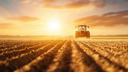 Fototapeta premium A tractor plows a golden field at sunset, casting a warm glow over the landscape, symbolizing agriculture and rural life.