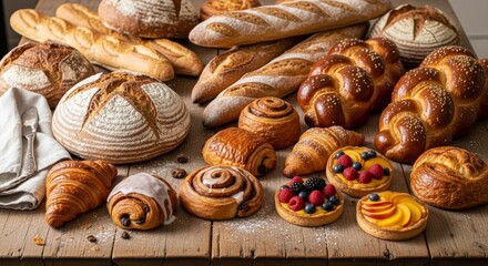 Assorted Freshly Baked Pastries and Breads on Wooden Table