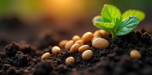 Close-up view of various seeds nestled in rich, dark soil, ready for planting Sunlight gently illuminates the scene, highlighting the tiny seeds and the fertile earth , dark, agriculture