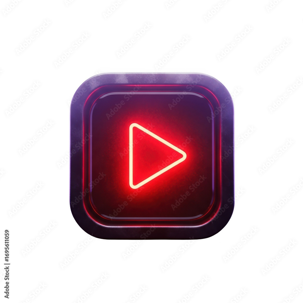 Poster a glowing red neon play button icon with a square shape is isolated on a transparent background for 