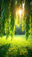 Sun-Drenched Willow Branches Grace a Serene Summer Meadow, Their Leaves Shimmering in Golden Light ? A Peaceful Idyllic Scene Perfect for Summer Themes and Nature Photography