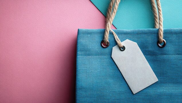 Blue shopping bag with tag, pastel background