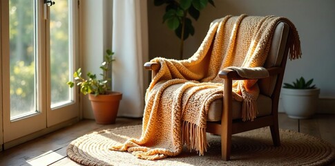 Cozy, warm wool throw blanket draped over a rustic wooden armchair in a sunlit living room Perfect for adding texture and warmth to your interior design , woven, sheep