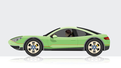 Fototapeta premium Concept vector illustration of detailed side of a flat soft green sport car. Can view interior of car with driver man. 