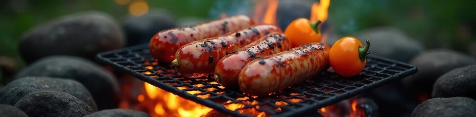 Delicious campfire cooking scene featuring sizzling sausages and peppers on a grill over glowing embers  Perfect for camping, outdoor cooking, and adventure themes ,  vegetables,  delicious,  outdoor
