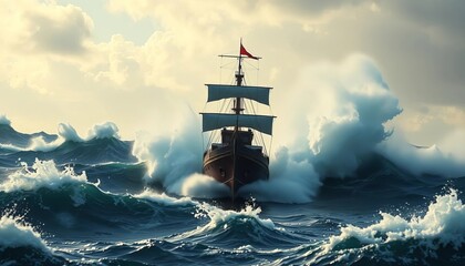 Fototapeta premium Majestic ship bravely sails through raging storm, waves crashing, nature, powerful