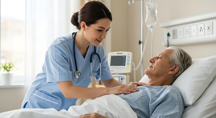 Fototapeta premium Nurse comforting elderly patient in hospital room