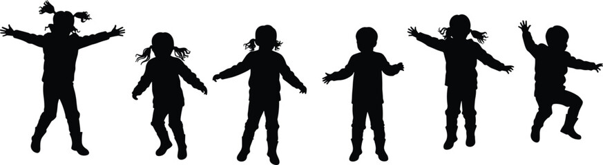 Children jumping silhouette, kids playing outdoors, happy childhood activity, fun energy, outdoor lifestyle, playful moment, vector illustration design, black silhouette