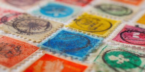An eye-level shot of colorful postage stamps provides a nostalgic glimpse into the past.