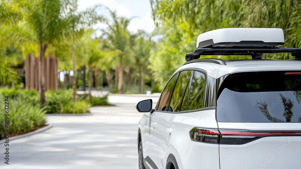 Poster Close up of vehicle with LiDAR sensor on roof, surrounded by greenery and modern architecture