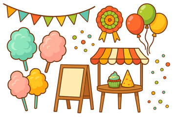 Carnival party vector illustration set. Cute cartoon collection of festival elements like cotton candy, market stall, cupcake, balloons, blank sign, and festive decorations.