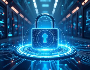 A futuristic digital padlock glowing with blue light, symbolizing cybersecurity and data protection in a high-tech environment.