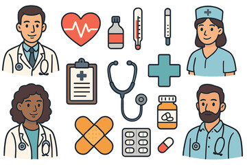 Healthcare and medicine icon set. Collection of medical symbols, doctors, nurses, and equipment. Vector cartoon illustration for hospital, clinic, pharmacy, and first aid.
