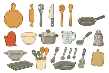 Vector collection of kitchen utensils for cooking. Big set of baking tools icons. Cartoon illustration of cookware and kitchenware for culinary design, isolated objects.