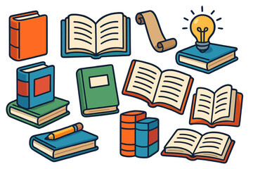 Book icon set vector cartoon illustration. Collection of open and closed books, stacks, library symbols. Concept for education, learning, knowledge, reading, literature, idea.