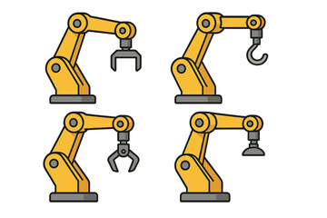 Industrial robotic arm vector icon set. Manipulator for factory automation, assembly line. Machine technology concept. Collection with gripper, claw, hook and vacuum suction.