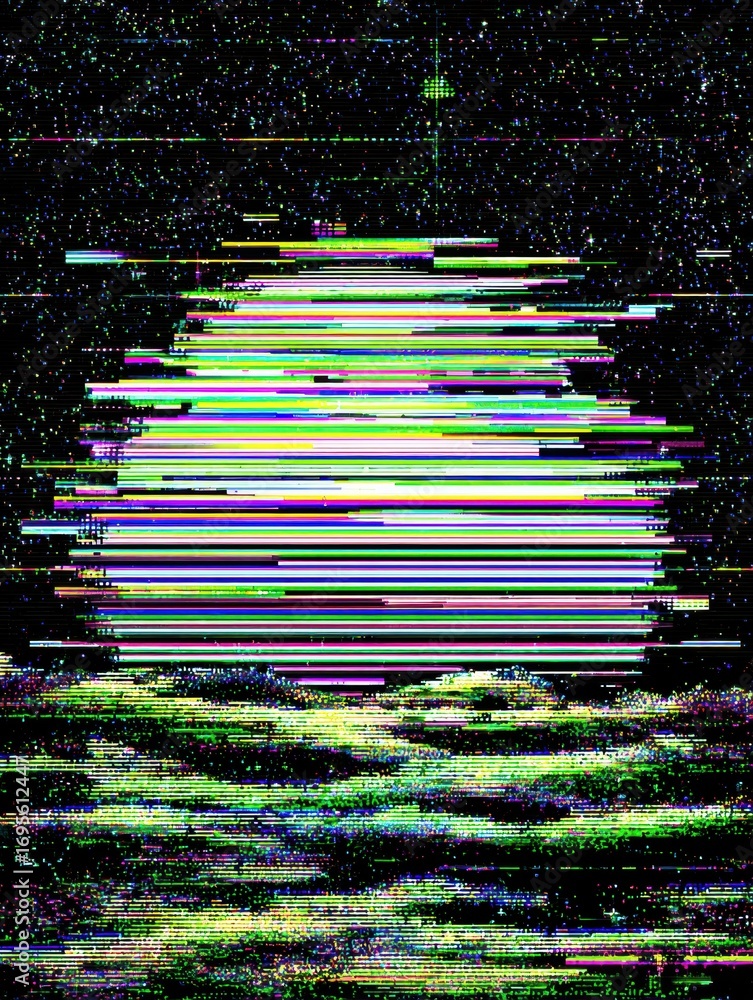 Poster glitch art depiction of a distorted moon over abstract waves at night with vibrant colors and lines 