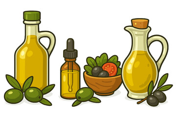 Olive oil set vector illustration. Collection of extra virgin olive oil in bottle, cruet, dropper. Fresh green and black olives, salad. Healthy cooking, Mediterranean diet concept.