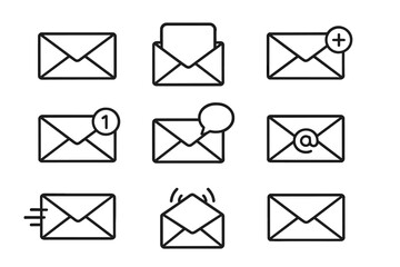 Mail envelope icon set for email messaging. Vector line art collection with open, new, send, and chat notification symbols for web and mobile app user interface design.
