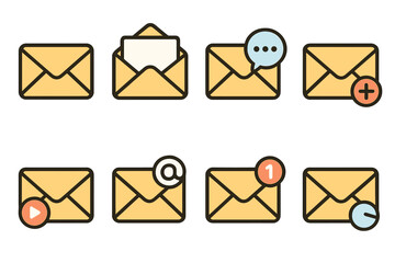 Mail envelope icon set. Vector symbols for email and web messaging. Open letter, new message notification, chat bubble, send, add, at sign and video mail UI elements.