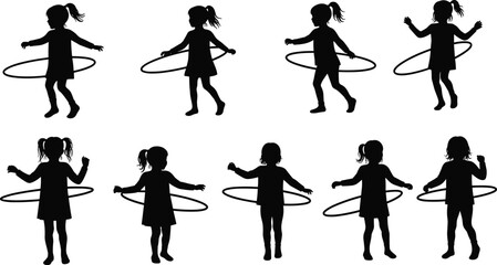 Children playing with hula hoop silhouette, girls outdoor activity, fun exercise, playful moment, childhood fitness, vector illustration, black silhouette design