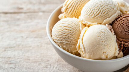 Creamy ice cream scoops bowl, showcasing various flavors and textures, evoke sense of indulgence
