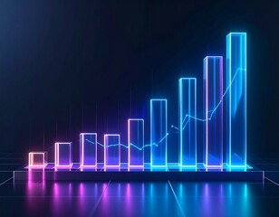A glowing neon bar chart with a rising trend line, symbolizing financial growth and data analysis in a futuristic digital environment.