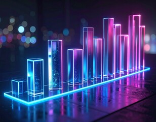 Futuristic glowing bar graph showing data visualization with neon blue and pink light in a dark digital environment.