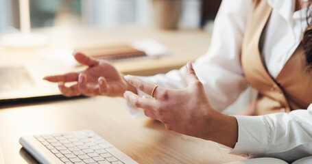 Computer, hands and video call with employee at desk in office for feedback or update....