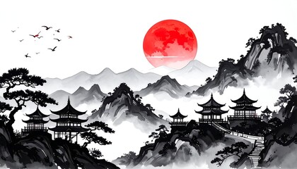 A minimalist ink wash painting showcases a serene landscape. Mountains cascade into misty valleys, overlooked by traditional East Asian temples beneath a radiant, crimson celestial body