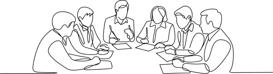 Continuous line art of business team meeting, professional discussion, office collaboration, teamwork concept, corporate planning, brainstorming session, diverse group, workplace communication © Titan