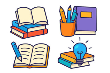 Set of education and creativity icons. Cartoon vector illustrations of books, writing, and learning. Includes stack of books, open diary, pen holder, and lightbulb idea.