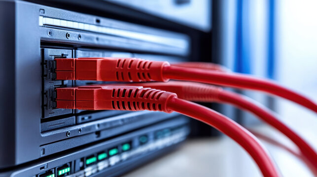 Close up of red network cables connected to server, showcasing technology and connectivity