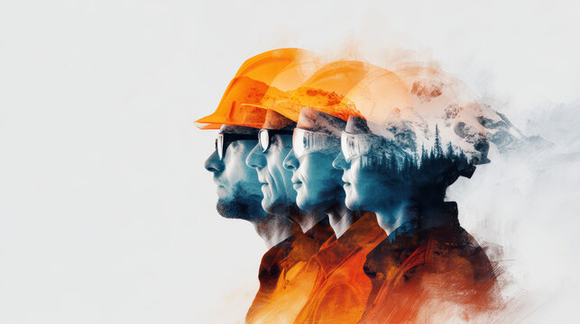 The image features three workers in safety gear, with a double exposure effect blending nature and industrial elements.