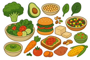 Plant-based food collection. Healthy vegan diet set with vegetarian dishes. Vector cartoon illustration of veggie burger, avocado toast, salad, tofu, broccoli and corn.