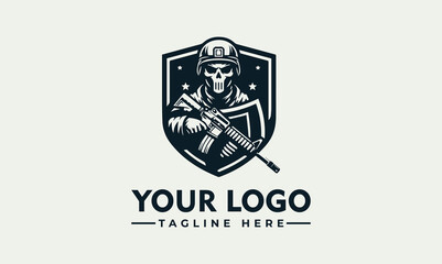 Skull soldier logo, holding rifle, wearing helmet and goggles