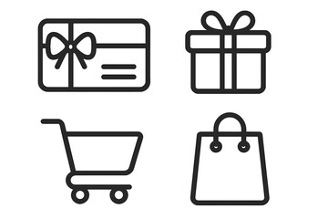 Shopping and retail icon set with gift card, present box, shopping cart, and bag symbols. Vector line art for e-commerce, web, and online store. Minimalist design.