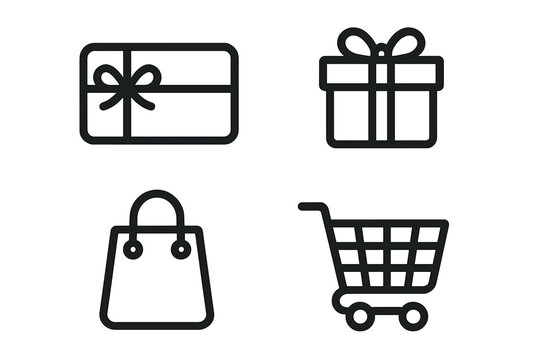 Shopping icon set with gift card, present box, bag, and cart. Simple line art symbols for retail, e-commerce, online store, sale, and discount promotion. Vector.
