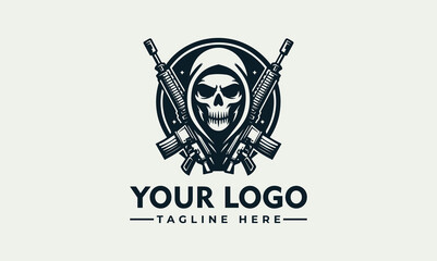 Skull with a hood centered in a circle with two crossed rifles behind it, logo design.