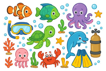 Cute sea animals collection. Cartoon ocean life set with fish, turtle, dolphin, octopus, crab. Underwater diving equipment with snorkel, fins, scuba tank. Vector marine illustration.