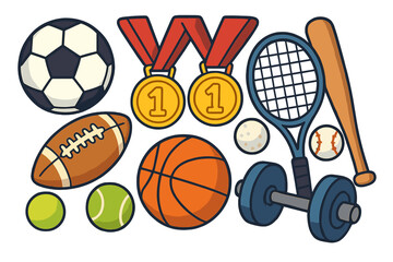 Sports equipment set vector cartoon illustration. Collection of game items soccer, basketball, football, baseball, tennis. Gold medal for winner. Victory and competition concept.