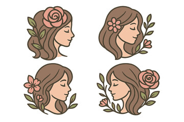 Set of woman face profiles with flowers. Beautiful girl head with rose for beauty salon, spa, cosmetics logo. Feminine concept. Natural floral decoration. Vector illustration.