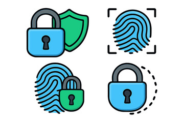 Cyber security icon set. Padlock, shield, and fingerprint scanner for digital data protection. Privacy and biometric authentication vector symbols. Secure access concept.