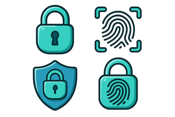 Digital security icon set with padlocks and fingerprints. Concept for data protection, privacy, and cybersecurity solutions. Vector illustration for access control and authentication.