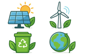 Modern flat icon set of renewable energy sources. Solar panel and wind turbine for green power. Recycling bin and planet earth for sustainability and conservation. Vector illustration.