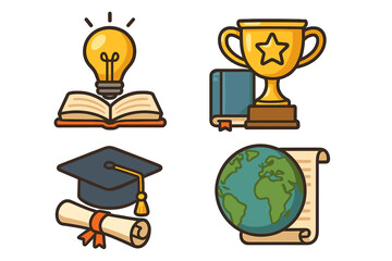 Education icon set. Cartoon vector symbols for learning, achievement, graduation, success. Includes lightbulb idea, open book, trophy, diploma, graduation cap, and world globe.
