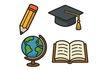 Education icons set for back to school. Knowledge, learning, wisdom symbols. Graduation cap, book, globe, pencil. University study, academic degree, science concept.
