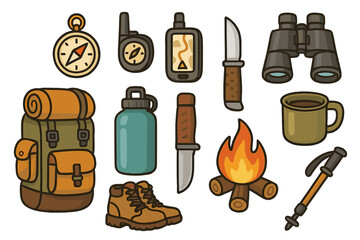 Camping and hiking gear icon set. Outdoor adventure and survival equipment collection. Vector illustration of backpack, compass, knife, boots, campfire, and navigation tools.