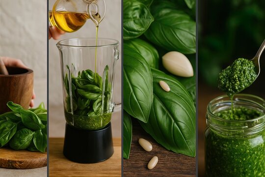 A four-panel collage shows basil, garlic, pine nuts, and oil blending into fresh homemade pesto. Generated AI.