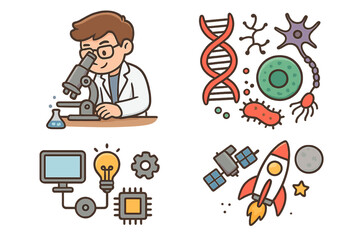 Science icon set. Cartoon vector illustration collection. Scientist with microscope, biology with DNA and neuron, technology with CPU, space exploration with rocket and satellite.